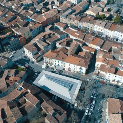 Photographie aérienne de la ville de Ganges, dans l'Hérault en Occitanie