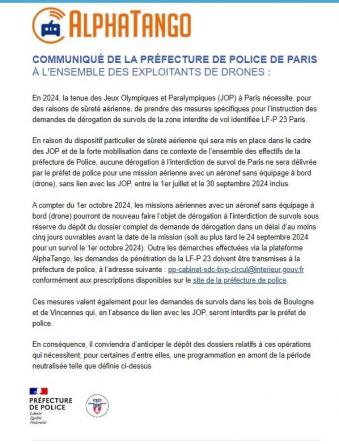 Communique de la préfecture de paris pour le JO